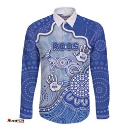 Custom Roos Football Long Sleeve Button Shirt Aboriginal Dot Art Pattern DT05