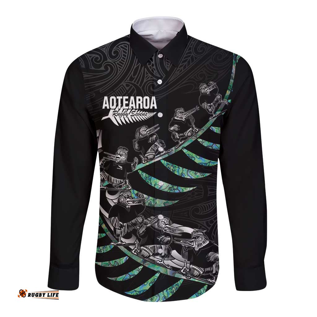 Custom New Zealand Silver Fern Rugby Long Sleeve Button Shirt Aotearoa Kiwi Maori Pattern LT14