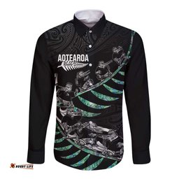 Custom New Zealand Silver Fern Rugby Long Sleeve Button Shirt Aotearoa Kiwi Maori Pattern LT14