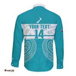 New Zealand Silver Fern Cricket Custom Long Sleeve Button Shirt Black Cap Teal Maori Pattern LT14