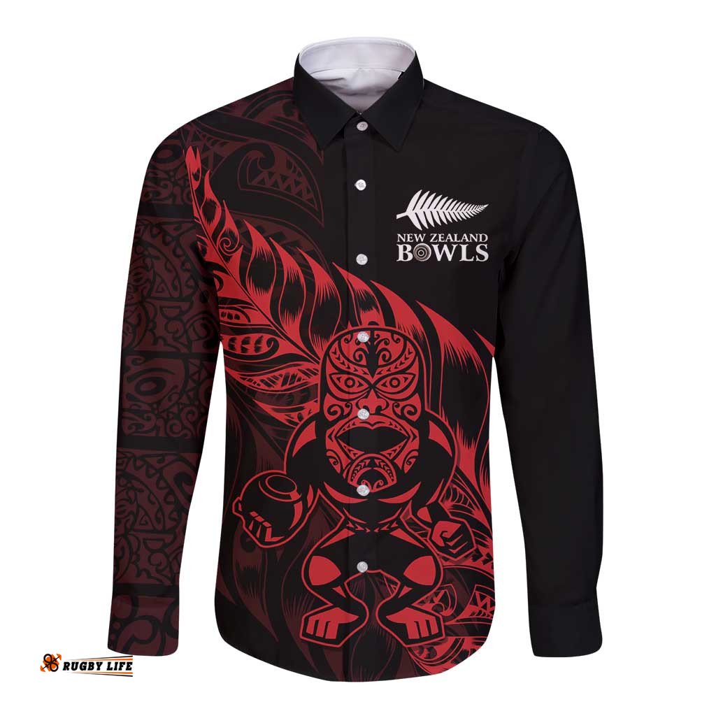 New Zealand Lawn Bowls Custom Long Sleeve Button Shirt Red Maori Warrior Tribal Silver Fern LT9