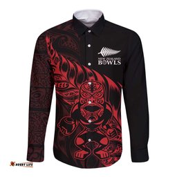 New Zealand Lawn Bowls Custom Long Sleeve Button Shirt Red Maori Warrior Tribal Silver Fern LT9