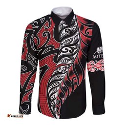Koru Fern New Zealand Long Sleeve Button Shirt Maori Tribal Pattern LT9