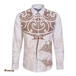 New Zealand Manta Ray Tattoo Long Sleeve Button Shirt Aotearoa Maori Haehae Beige LT14