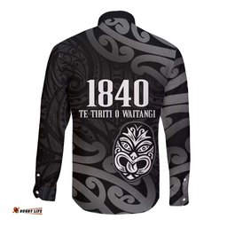 New Zealand 1840 Waitangi Day Long Sleeve Button Shirt Aotearoa Haka Mask - Black Version LT14