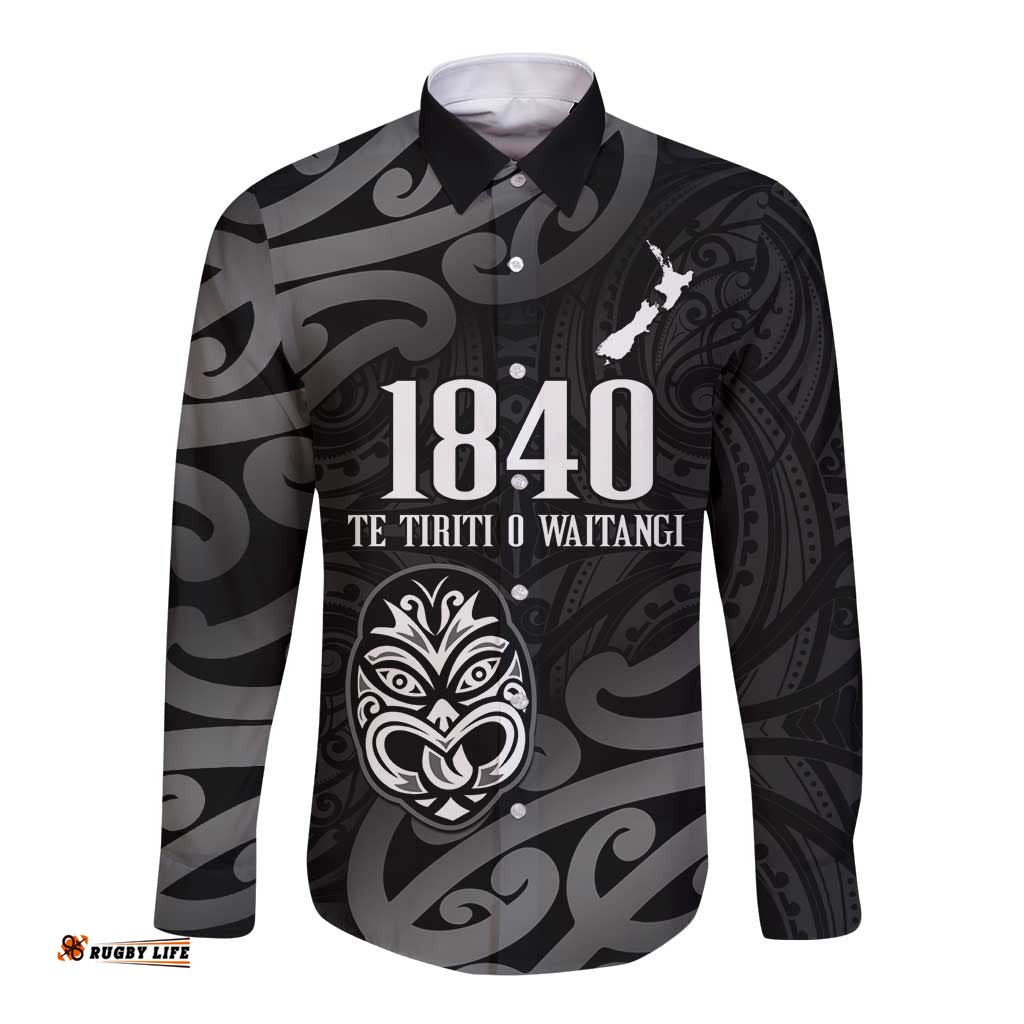 New Zealand 1840 Waitangi Day Long Sleeve Button Shirt Aotearoa Haka Mask - Black Version LT14
