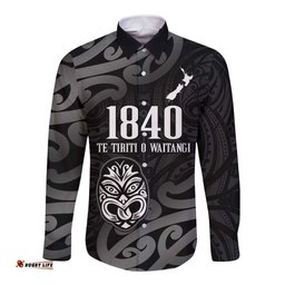 New Zealand 1840 Waitangi Day Long Sleeve Button Shirt Aotearoa Haka Mask - Black Version LT14