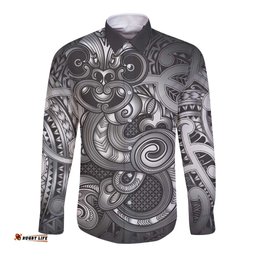 Aotearoa Maori Hei Tiki Long Sleeve Button Shirt Kiwikiwi Kowhaiwhai Puhoro Motif LT9