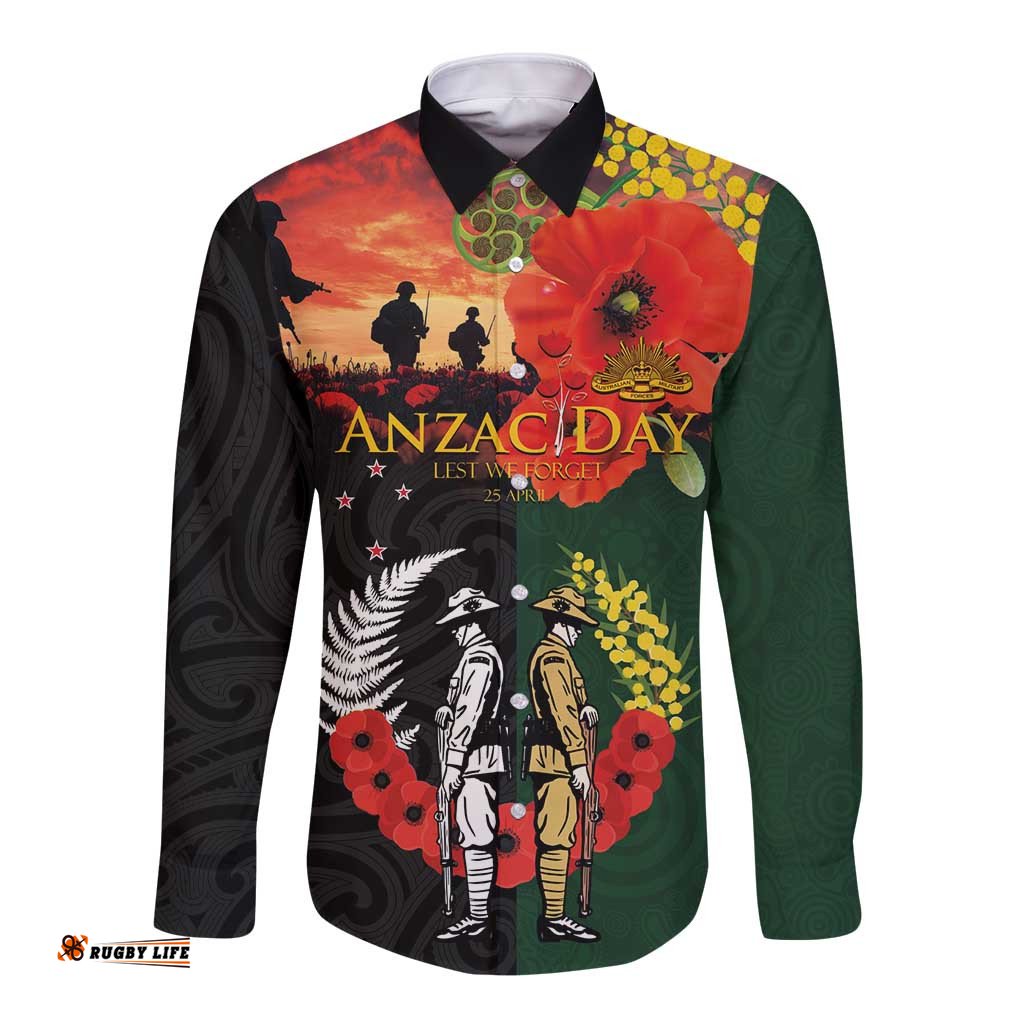 New Zealand and Australia ANZAC Day Long Sleeve Button Shirt Lest We Forget Indigenous and Maori Pattern LT03