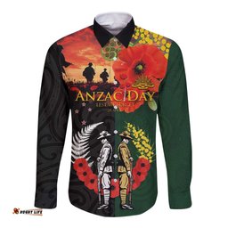 New Zealand and Australia ANZAC Day Long Sleeve Button Shirt Lest We Forget Indigenous and Maori Pattern LT03