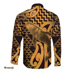 Humpback Whale Matariki New Zealand Long Sleeve Button Shirt NZ Maori Paikea Poutama Luxury Gold LT14