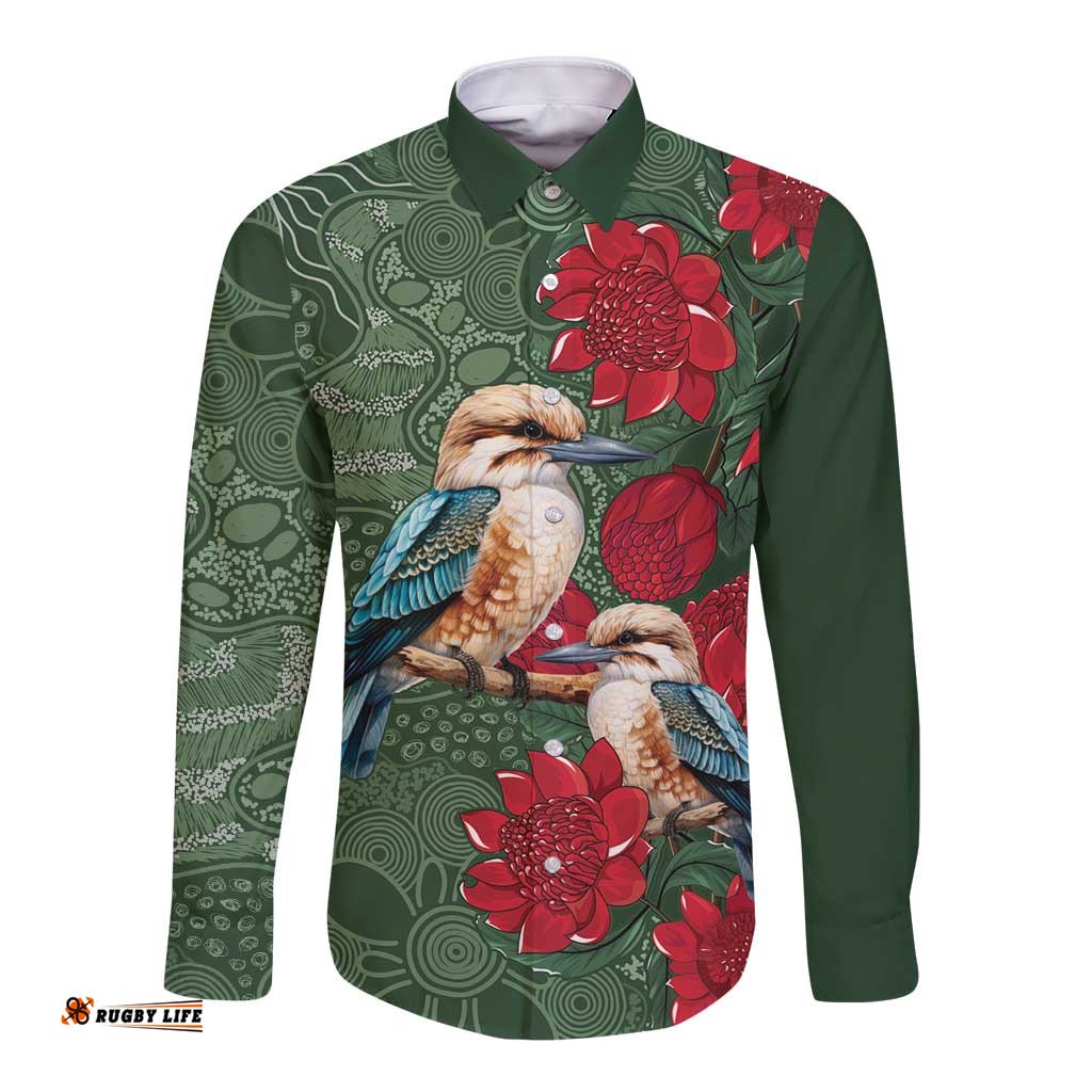 Kokaburra and Waratah Long Sleeve Button Shirt Aboriginal Art LT9