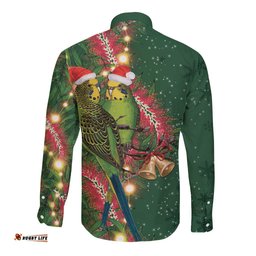 Green Budgerigars on Callistemon Long Sleeve Button Shirt Merry Christmas Aussie LT7