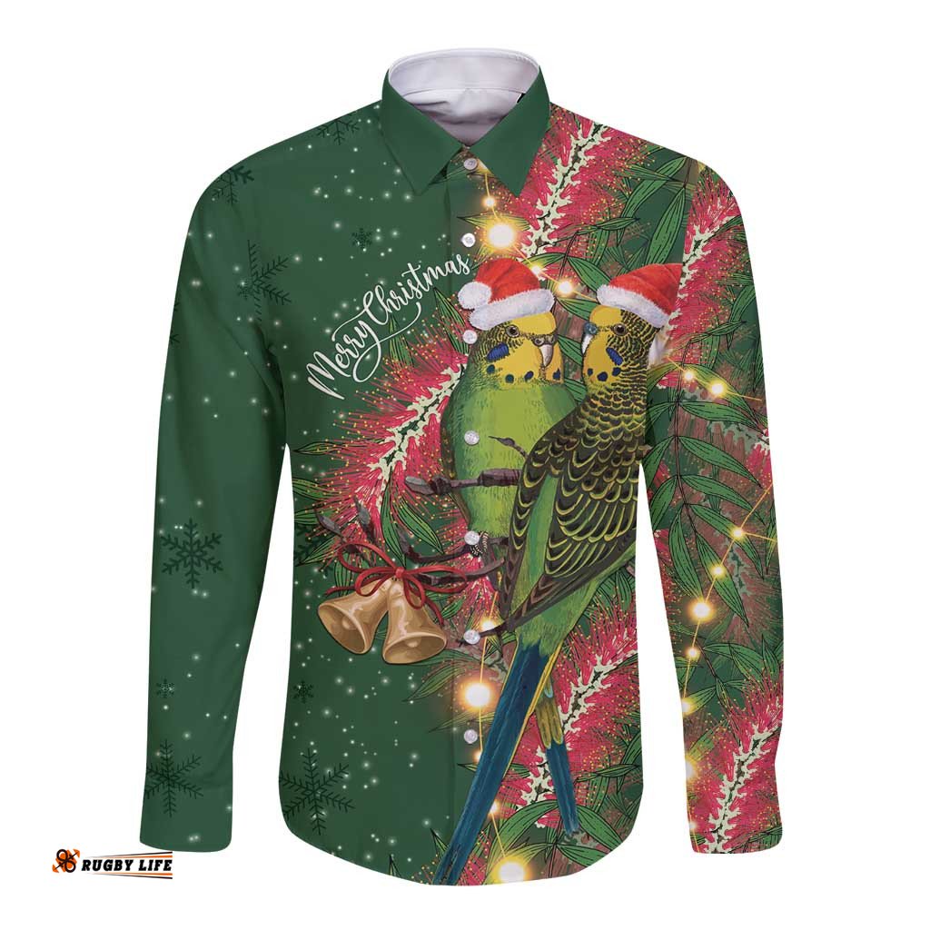 Green Budgerigars on Callistemon Long Sleeve Button Shirt Merry Christmas Aussie LT7