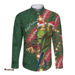 Green Budgerigars on Callistemon Long Sleeve Button Shirt Merry Christmas Aussie LT7