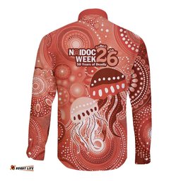 NAIDOC Deadly 50 Years Long Sleeve Button Shirt Jellyfish Aboriginal Culture Inspired Red LT9