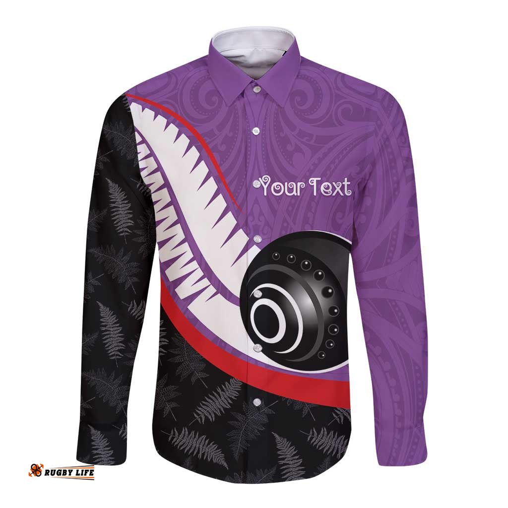 Personalised Aotearoa Lawn Bowls Long Sleeve Button Shirt Maori and Silver Fern Sporty Style Purple Color LT03