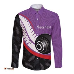 Personalised Aotearoa Lawn Bowls Long Sleeve Button Shirt Maori and Silver Fern Sporty Style Purple Color LT03