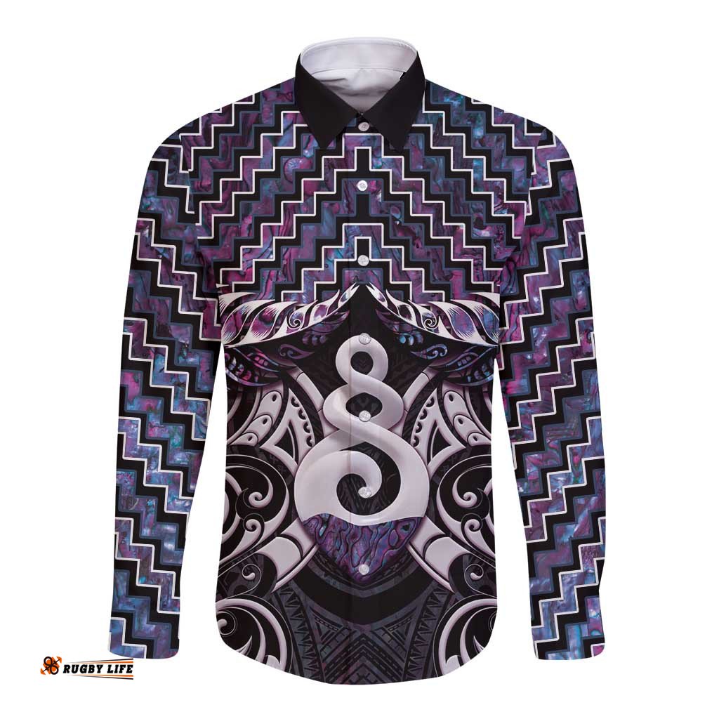 New Zealand Maori Long Sleeve Button Shirt Poutama Pikorua Purple Paua Shell LT05