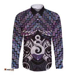 New Zealand Maori Long Sleeve Button Shirt Poutama Pikorua Purple Paua Shell LT05