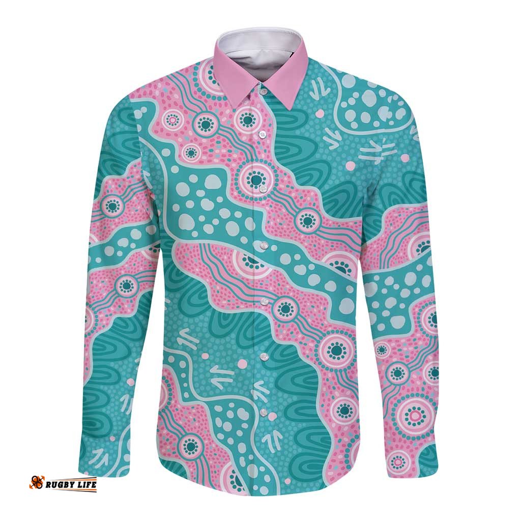Hereditary Cancer Awareness Australia Indigenous Long Sleeve Button Shirt Pink and Teal LT7