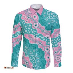Hereditary Cancer Awareness Australia Indigenous Long Sleeve Button Shirt Pink and Teal LT7