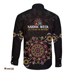 NAIDOC Deadly 50 Years Long Sleeve Button Shirt Aboriginal Black Gold Boomerang Art LT9