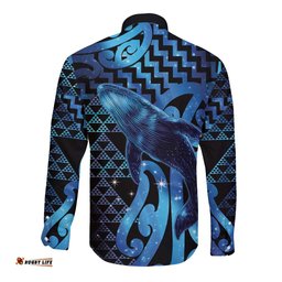 Humpback Whale Matariki New Zealand Long Sleeve Button Shirt NZ Maori Paikea Poutama Luxury Blue LT14