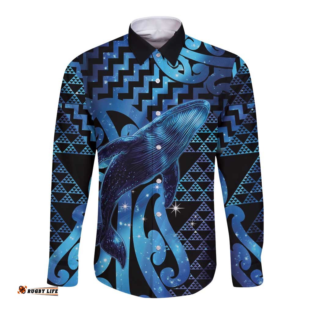Humpback Whale Matariki New Zealand Long Sleeve Button Shirt NZ Maori Paikea Poutama Luxury Blue LT14