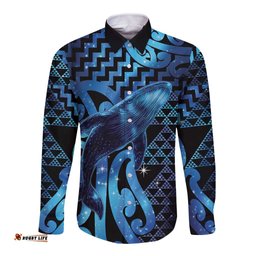 Humpback Whale Matariki New Zealand Long Sleeve Button Shirt NZ Maori Paikea Poutama Luxury Blue LT14