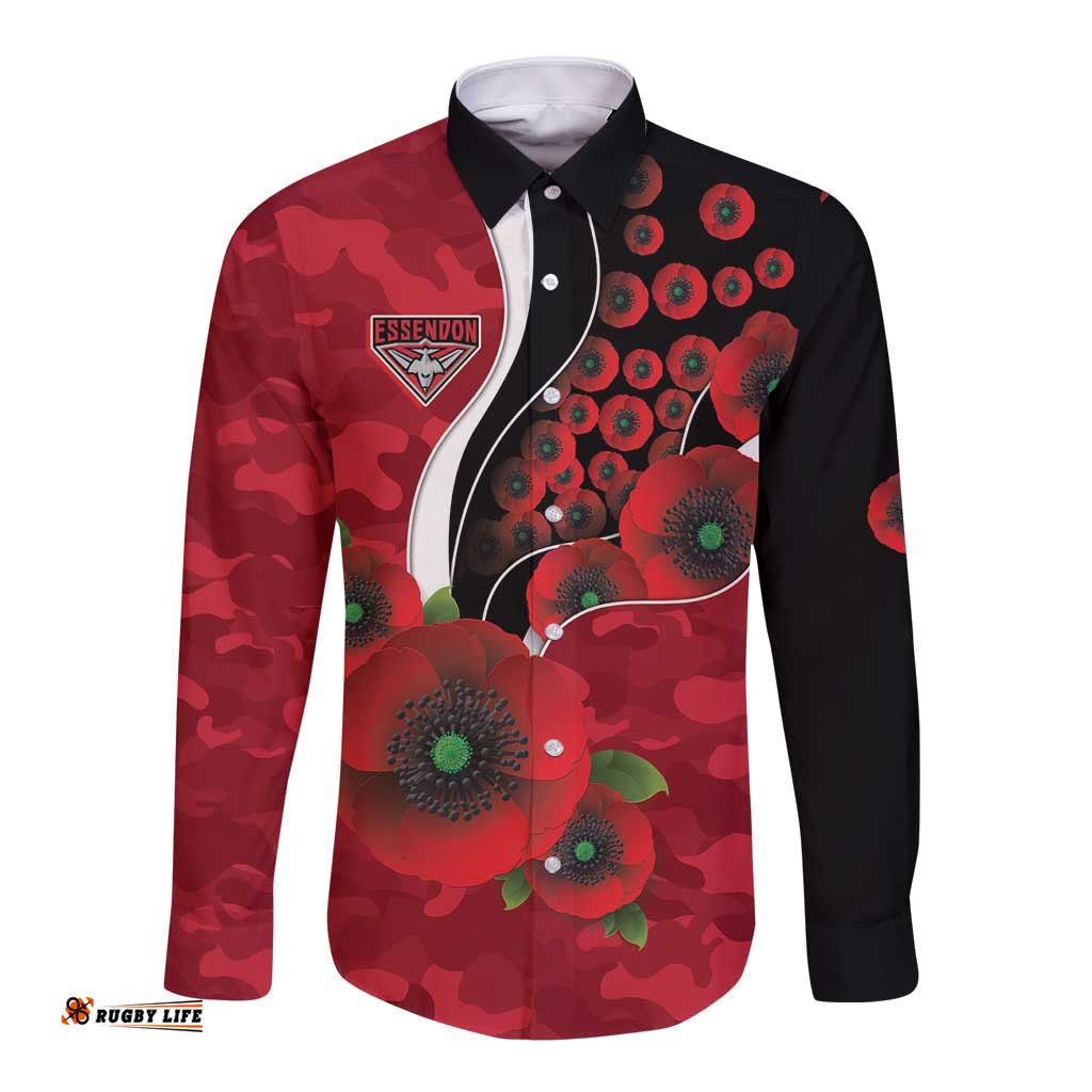 Essendon Bombers ANZAC Personalised Long Sleeve Button Shirt Lest We Forget Poppy Camo LT9