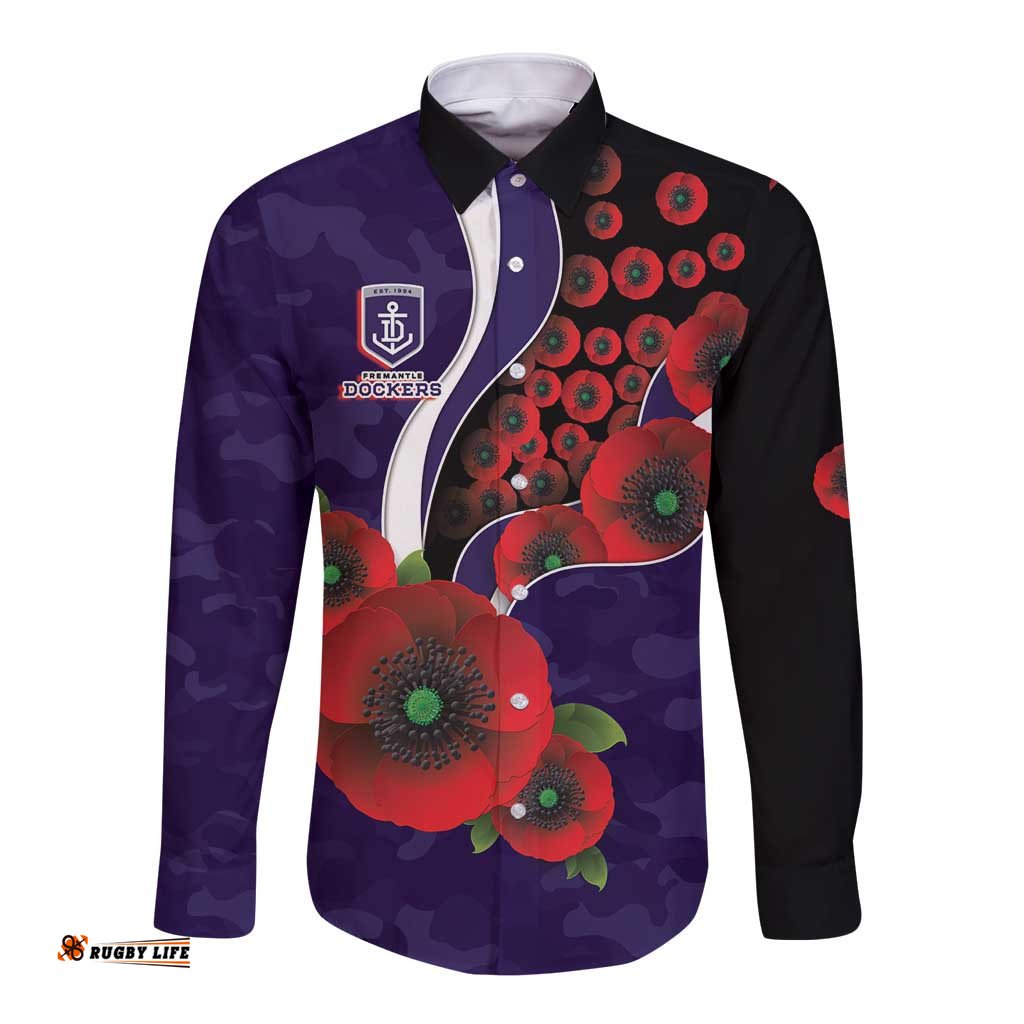 Fremantle Dockers ANZAC Personalised Long Sleeve Button Shirt Lest We Forget Poppy Camo LT9