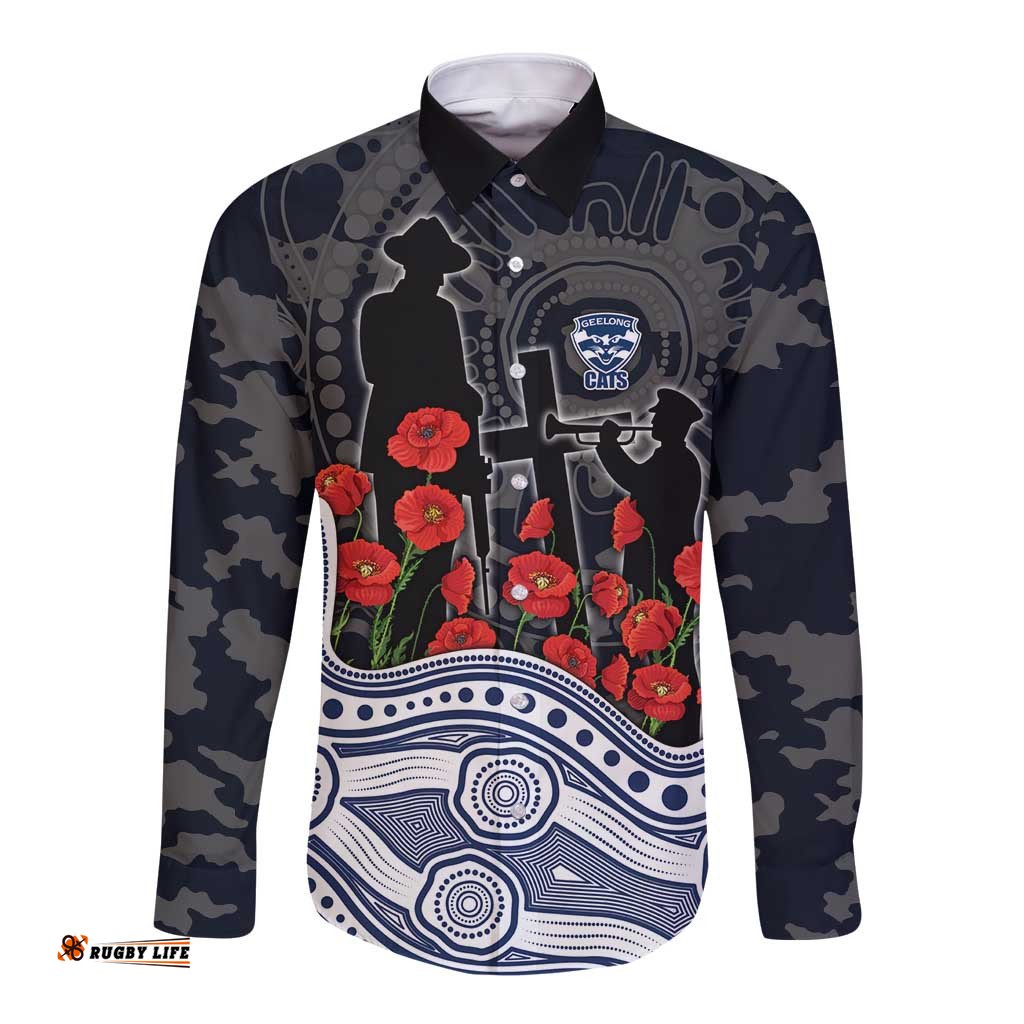 Geelong Cats ANZAC Day Long Sleeve Button Shirt Indigenous Dot Art with Poppy Flower Tribute TS04