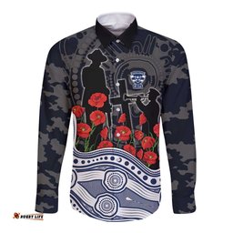 Geelong Cats ANZAC Day Long Sleeve Button Shirt Indigenous Dot Art with Poppy Flower Tribute TS04