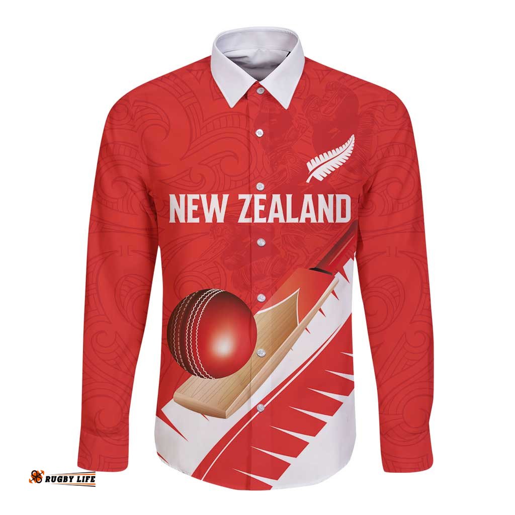 Custom New Zealand Cricket Long Sleeve Button Shirt Kiwi Birds Haka Dance Red Fern Sporty Style LT03
