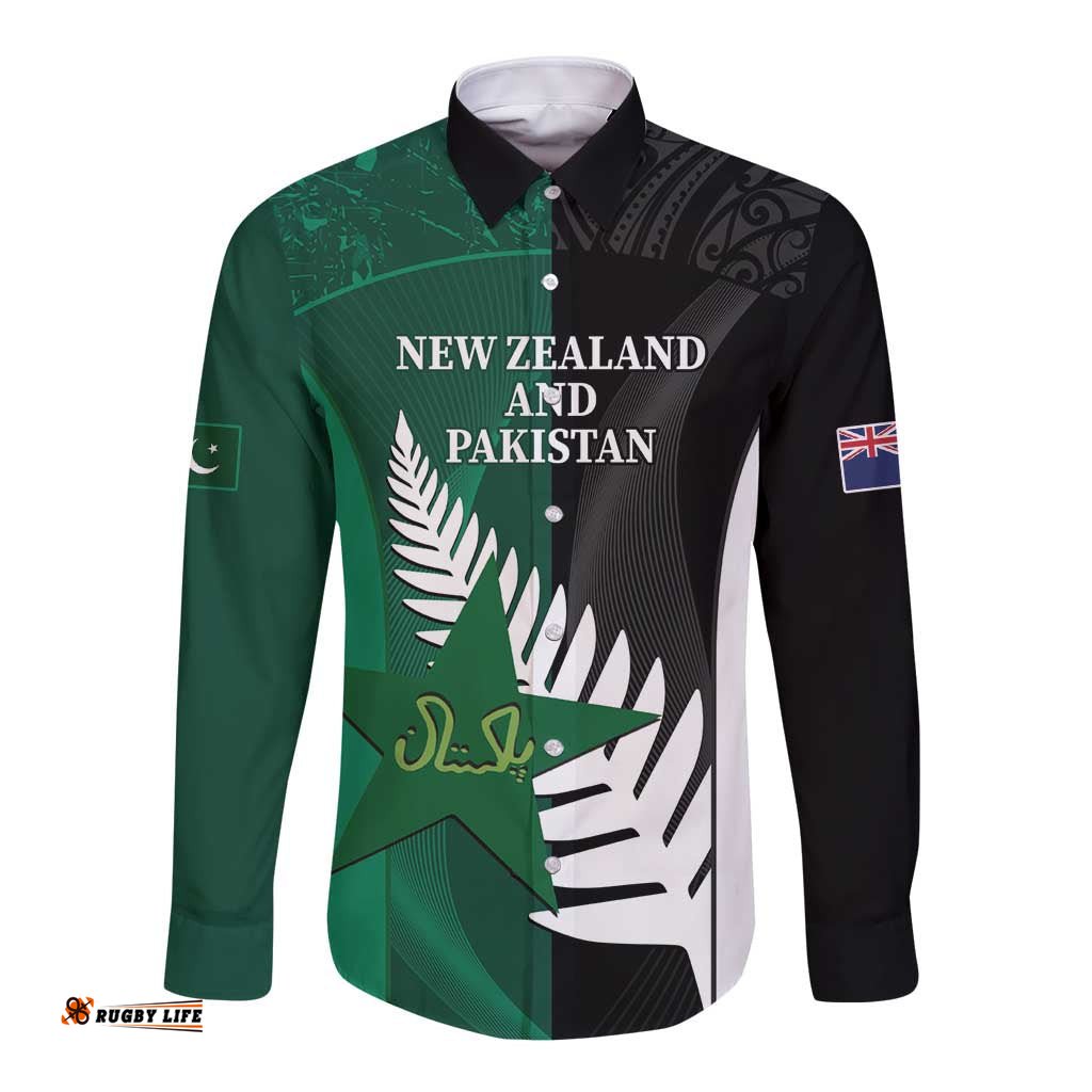 Custom New Zealand And Pakistan Cricket Long Sleeve Button Shirt 2025 Black Cap Shaheens Together LT14