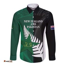 Custom New Zealand And Pakistan Cricket Long Sleeve Button Shirt 2025 Black Cap Shaheens Together LT14