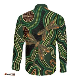 Green Indigenous Dragonfly Australia Long Sleeve Button Shirt Aboriginal Art LT14