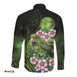 New Zealand Aotearoa Kakapo Long Sleeve Button Shirt Maori Pattern With Manuka Galaxy Style LT05