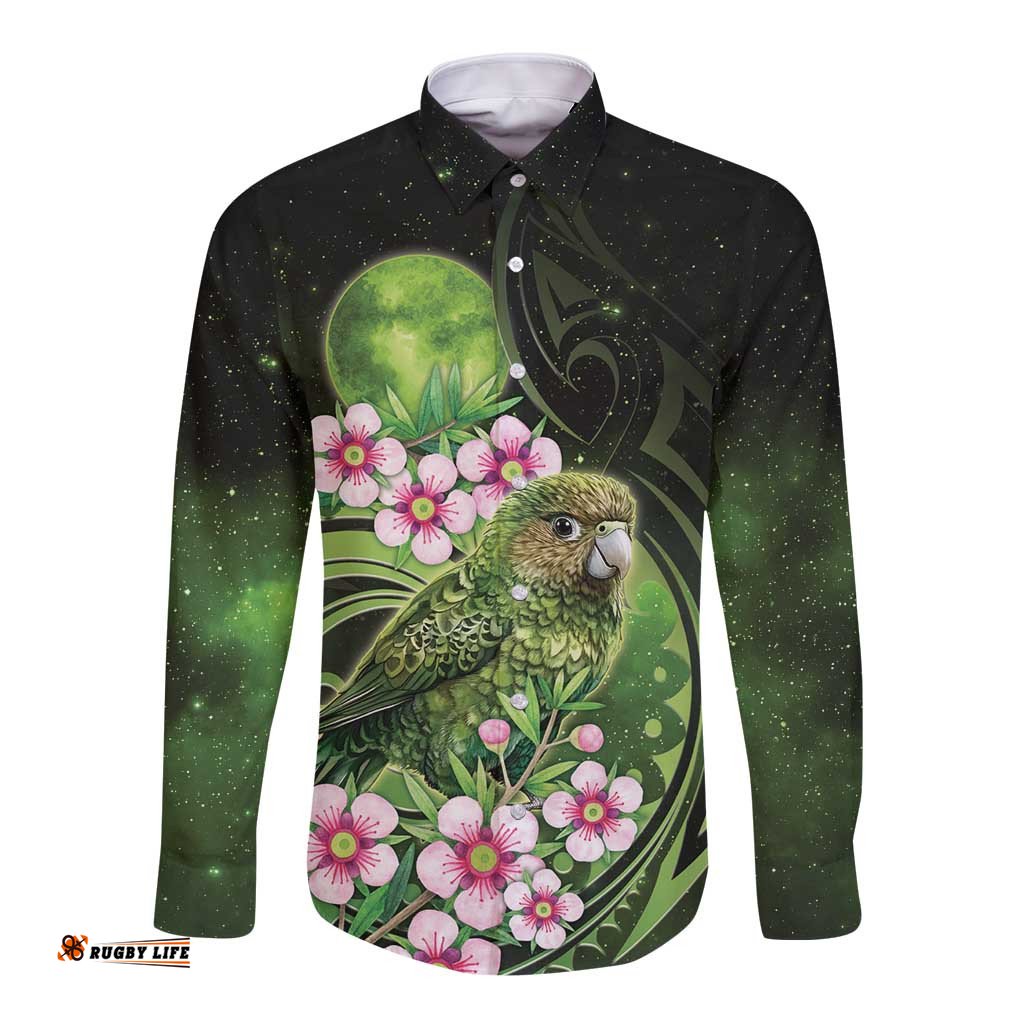New Zealand Aotearoa Kakapo Long Sleeve Button Shirt Maori Pattern With Manuka Galaxy Style LT05