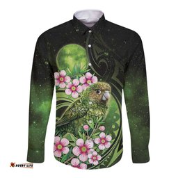 New Zealand Aotearoa Kakapo Long Sleeve Button Shirt Maori Pattern With Manuka Galaxy Style LT05