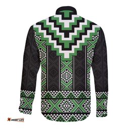 Green Taniko Pattern Aotearoa Long Sleeve Button Shirt Niho Taniwha Mix Poutama LT14