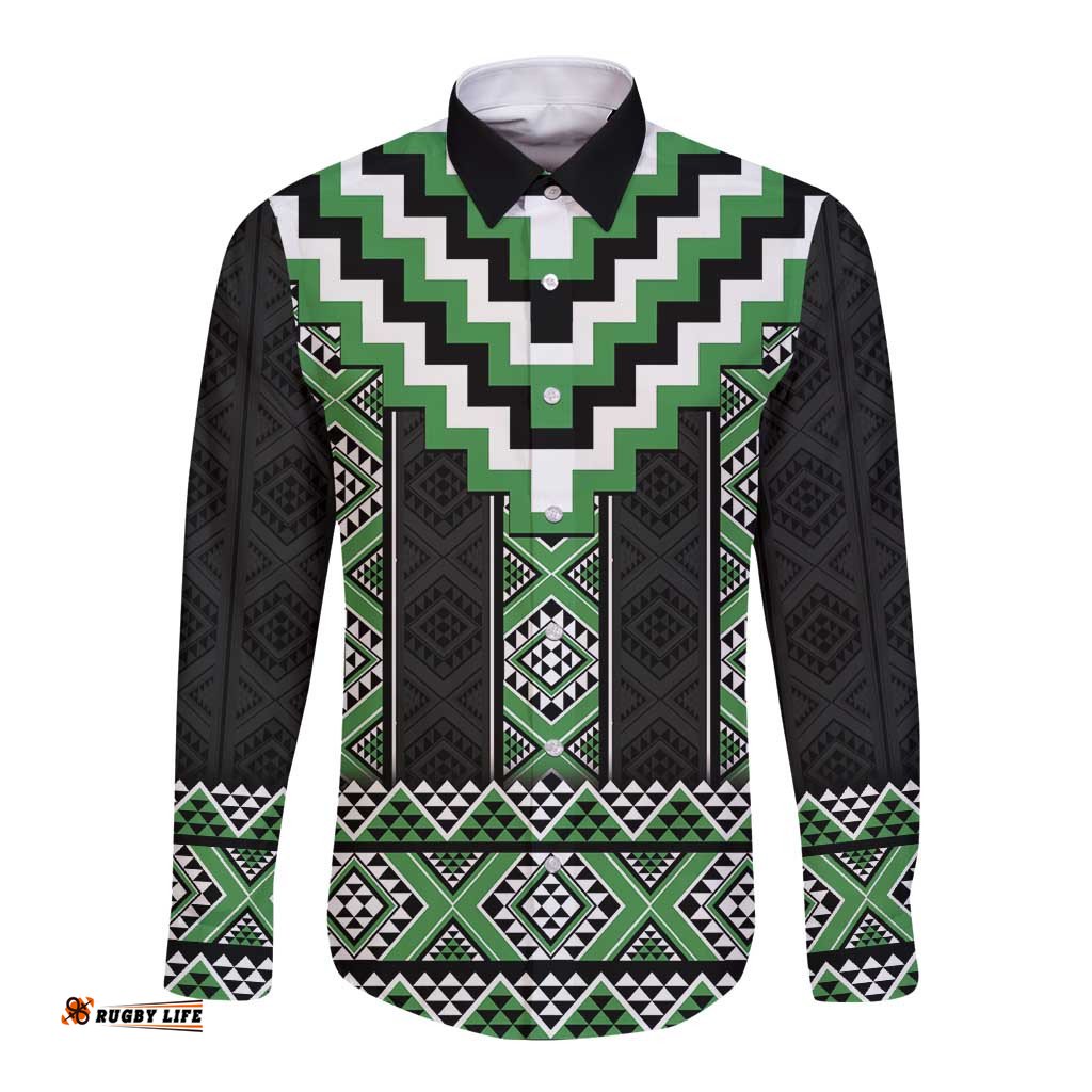 Green Taniko Pattern Aotearoa Long Sleeve Button Shirt Niho Taniwha Mix Poutama LT14