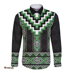 Green Taniko Pattern Aotearoa Long Sleeve Button Shirt Niho Taniwha Mix Poutama LT14