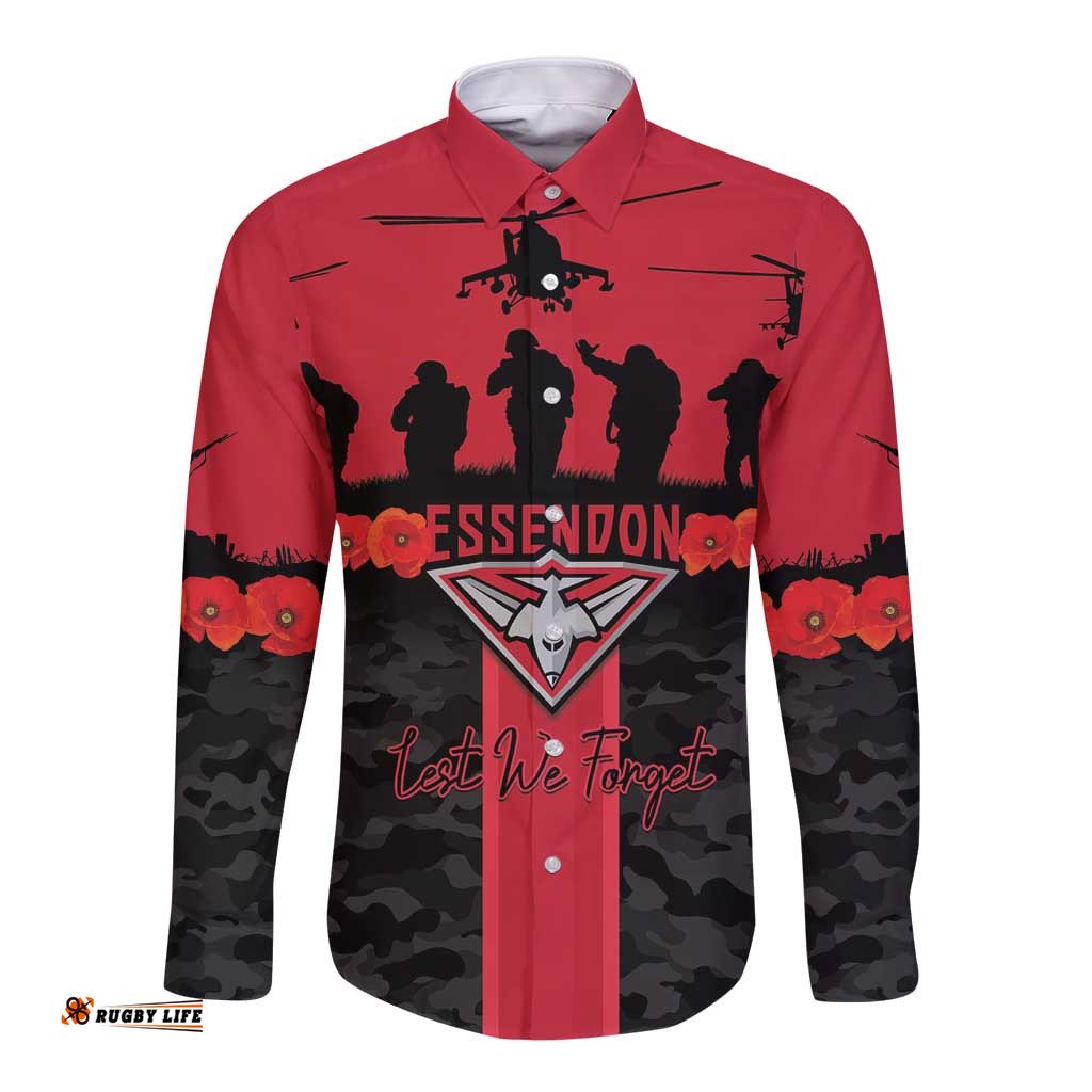 Personalised Essendon Football ANZAC Day Long Sleeve Button Shirt Bombers Poppy Lest We Forget LT14