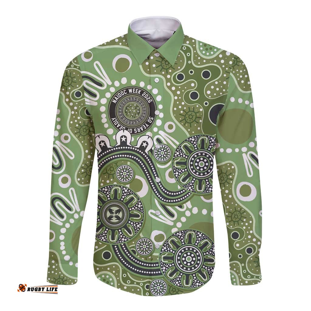 Personalised NAIDOC Week 50 Years Deadly Always Long Sleeve Button Shirt Green Aboriginal Artwork Dot Painting LT9