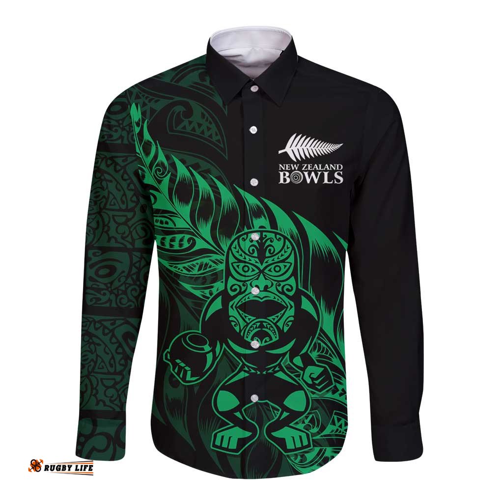 New Zealand Lawn Bowls Custom Long Sleeve Button Shirt Green Maori Warrior Tribal Silver Fern LT9