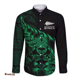 New Zealand Lawn Bowls Custom Long Sleeve Button Shirt Green Maori Warrior Tribal Silver Fern LT9