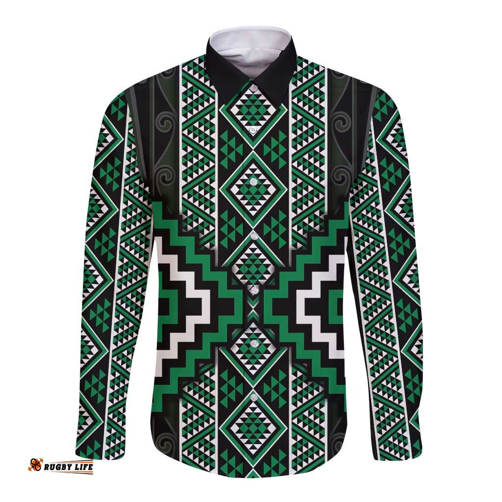 Jade Tukutuku Pattern Aotearoa Long Sleeve Button Shirt Niho Taniwha and Puhoro Motifs LT7
