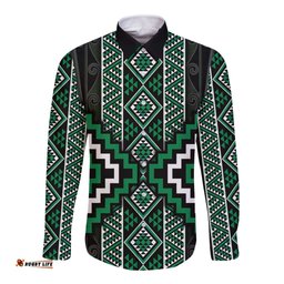Jade Tukutuku Pattern Aotearoa Long Sleeve Button Shirt Niho Taniwha and Puhoro Motifs LT7